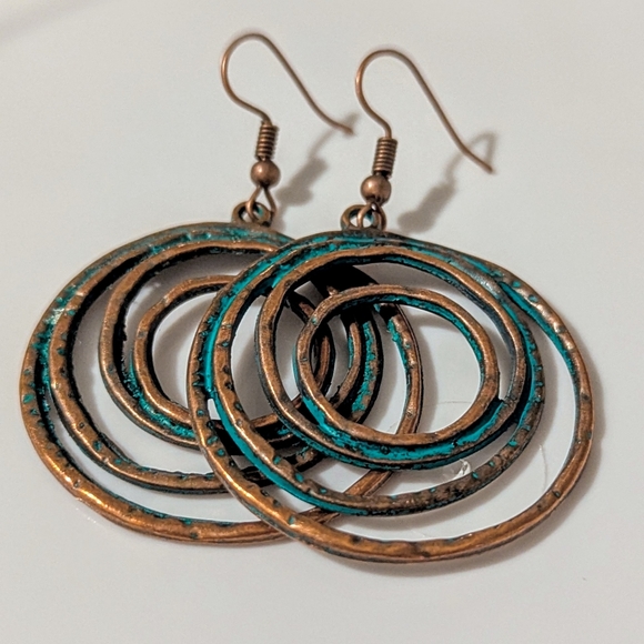Boho Layered Circle Dangle Drop Earrings Vintage Petinaed Copper/Bronze Handmade - Picture 8 of 14